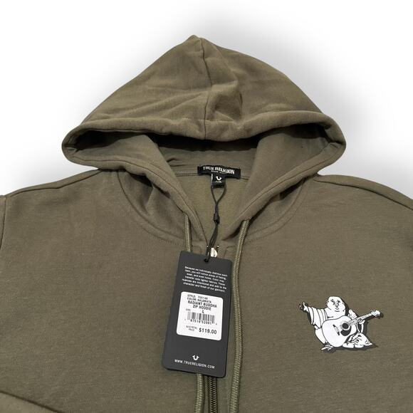 True Religion Buddha Logo Full Zip Up Hoodie Olive Sweatshirt Men's Size Large - Picture 4 of 7